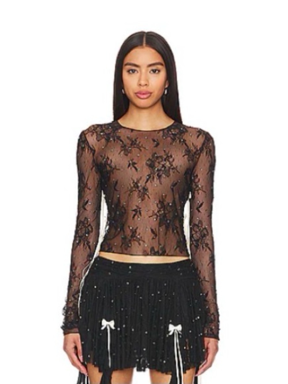 Aniye Records Sheer Black Embellished Long-Sleeve Top